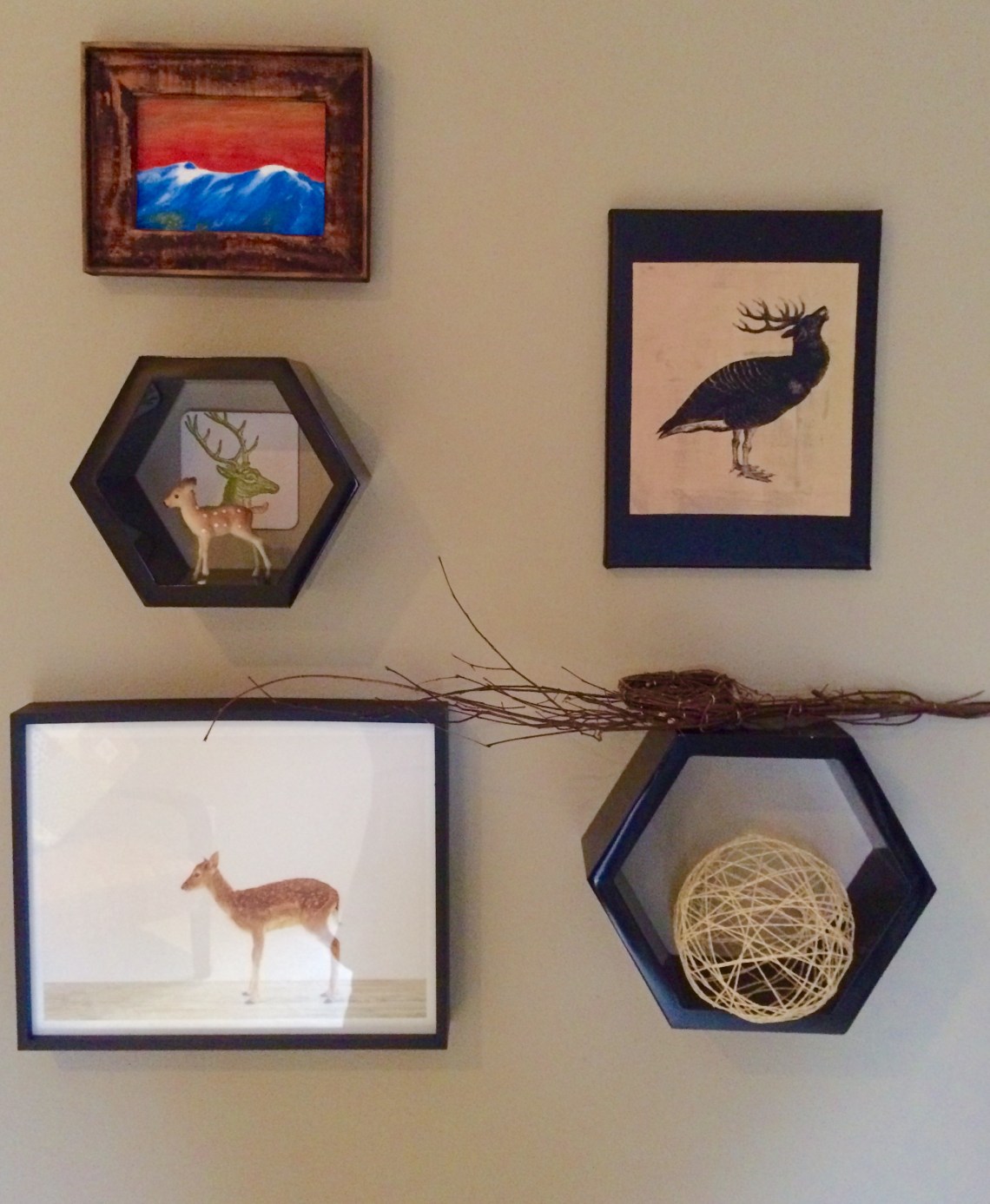 horned game bird fabric decoupage hexagons deer